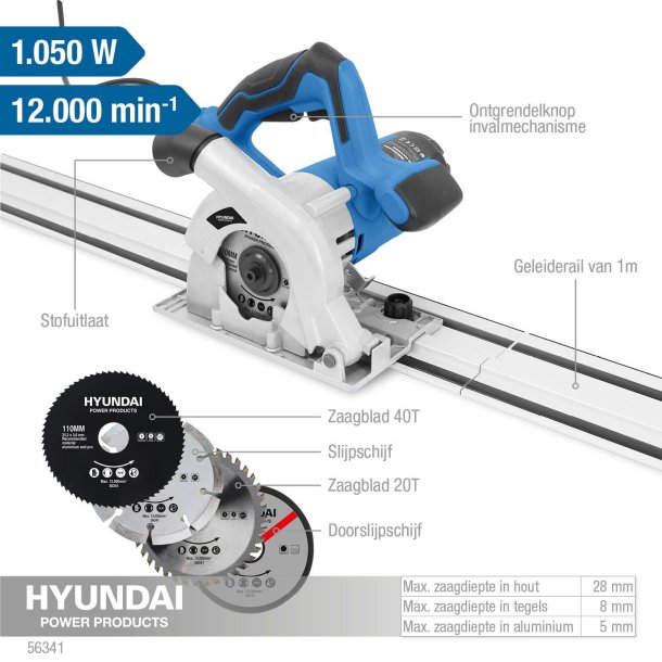 HYUNDAI Dyksav med skinnest 110 mm. 1050 watt