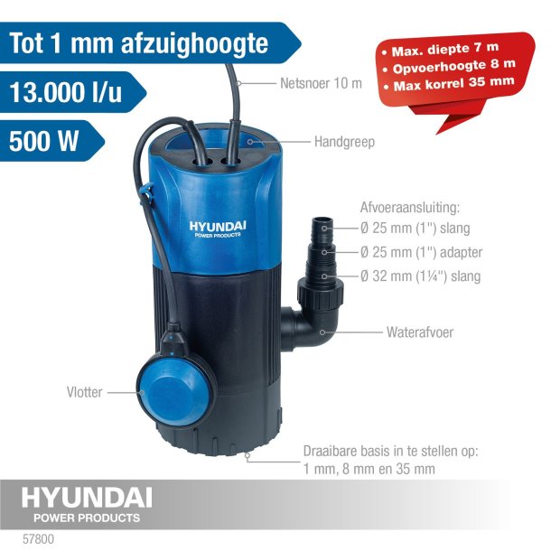 HYUNDAI fladsuger Dykpumpe 500 watt 13000 liter i timen